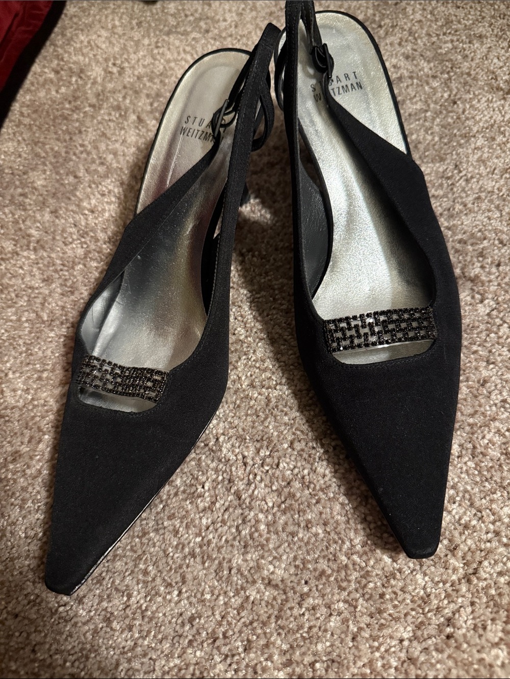 Stuart Weitzman Black Satin Pointed Slingback Heels with Crystal Accent